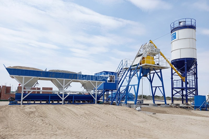 Side view of HZS35 stationary concrete batching plant in Peru