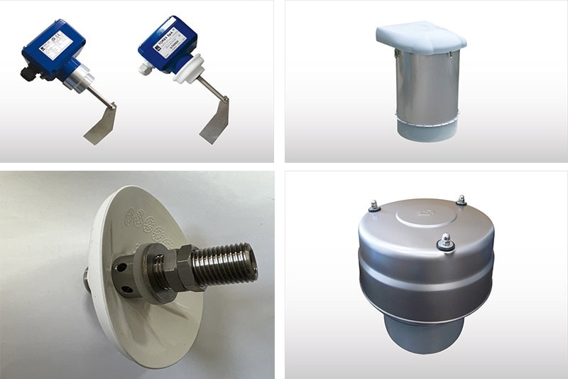 1. Indicador de nivel ILT 2. Filtro de polvo SILOTOPR03 3. Aireador de silo bin VBS 4. Válvulas de alivio de presión VCP